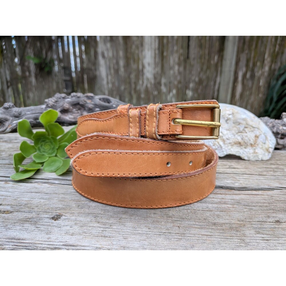 Vintage Handcrafted Rawhide Belt, Unisex, Brass Buckle, Tan Leather (33-37")